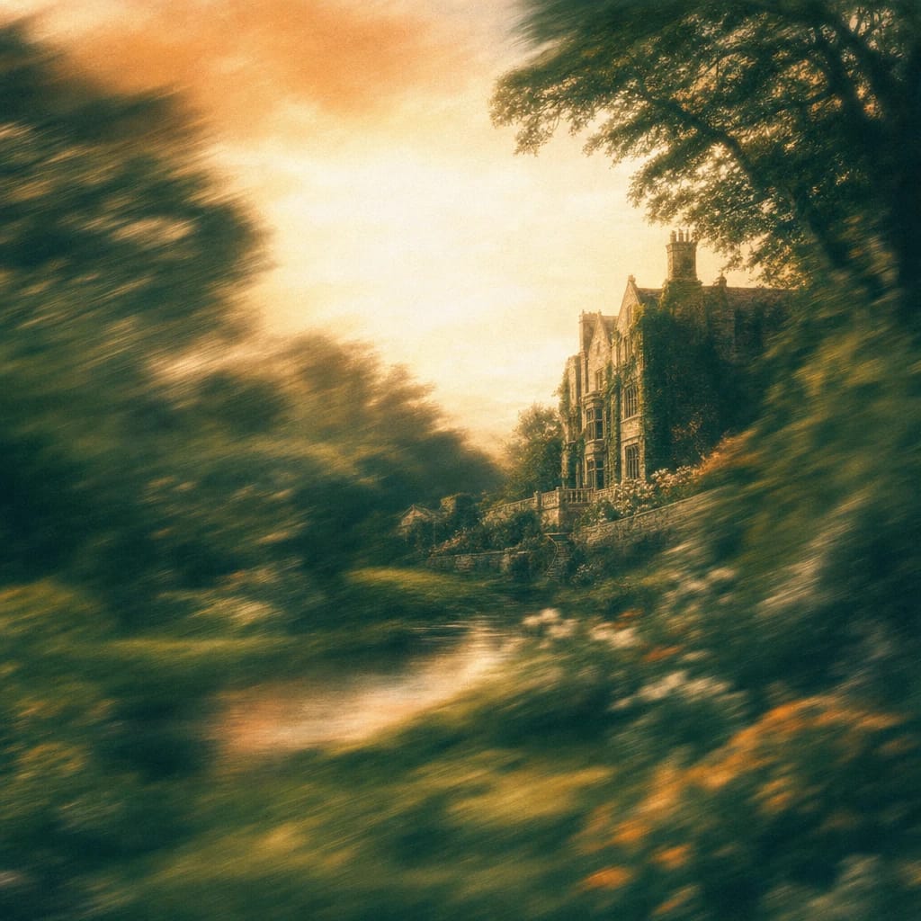 Stylized scene featuring a refined stone manor partially veiled by lush ivy and towering oak trees under a soft sky, rendered in deep forest green, off-white, and warm orange