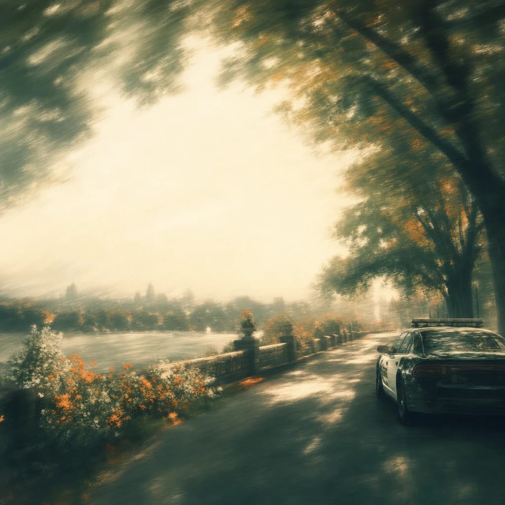 Stylized scene featuring a polished police car parked alongside a tree-lined city boulevard, dappled sunlight filtering through green leaves, rendered in deep forest green, off-white, and warm orange