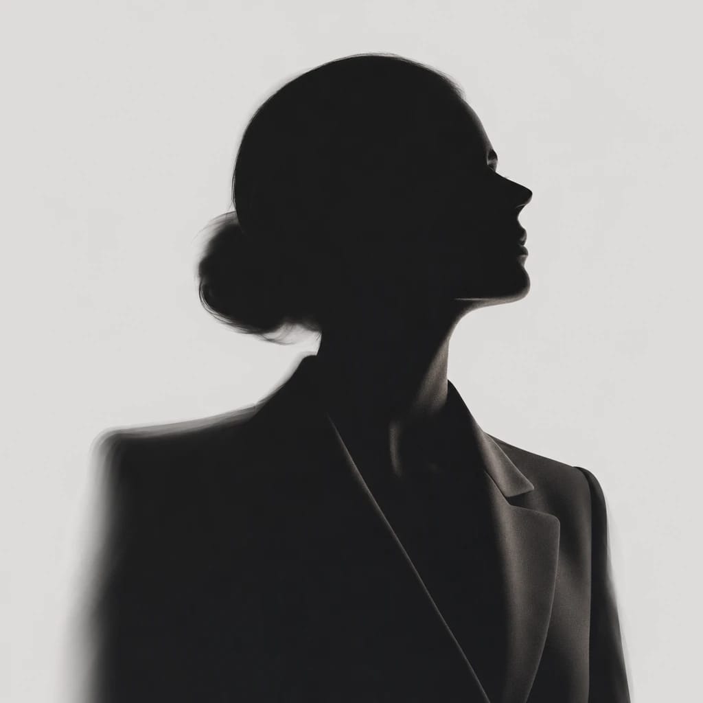 Stylized scene featuring confident woman in business attire, soft spotlight, rendered in #D7D5D5