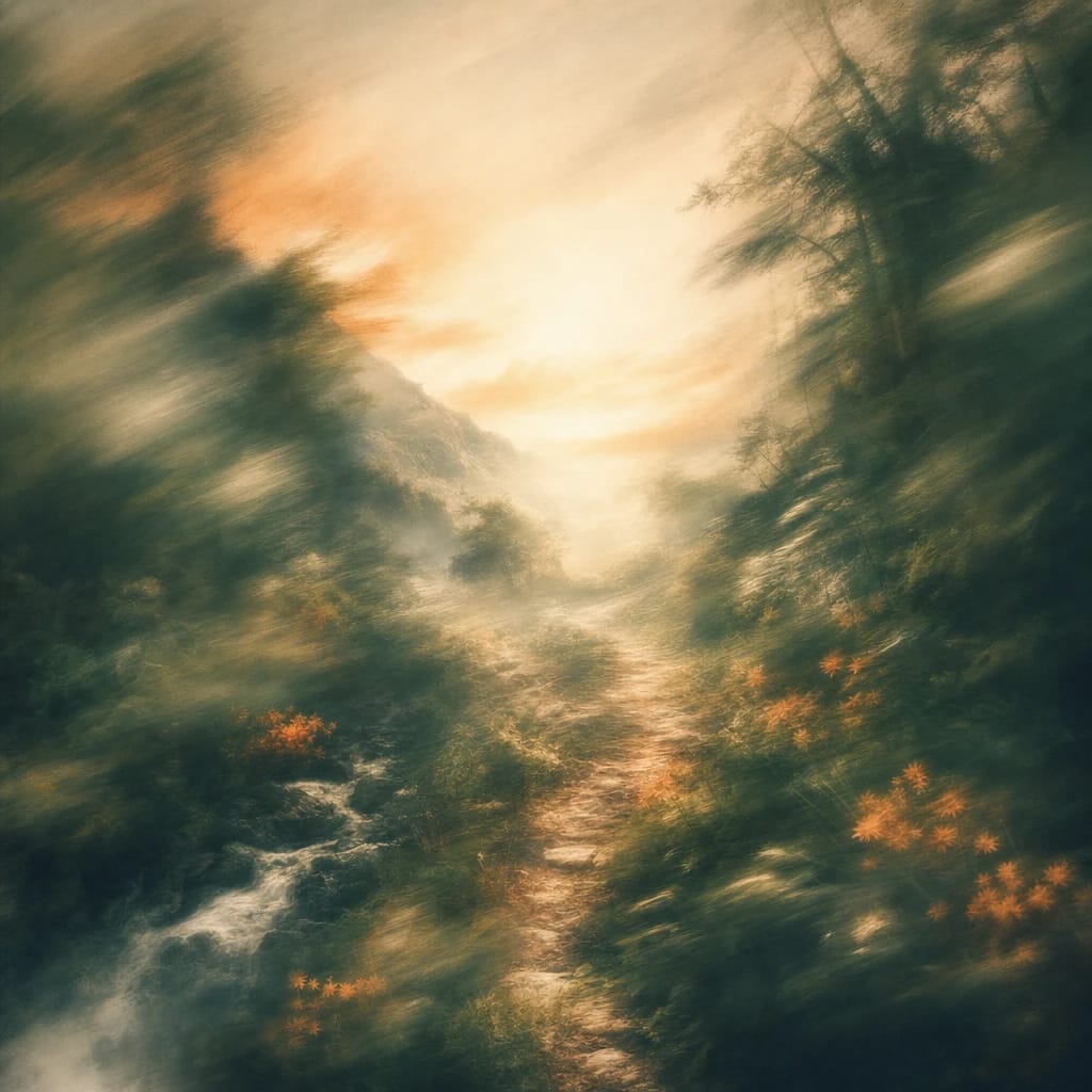 Stylized scene featuring a misty forest trail with dense, overgrown foliage partially obscuring the path, rendered in deep forest green, off-white, and warm orange