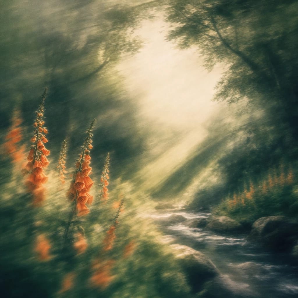 Stylized scene featuring sun-dappled woodland canopy with shafts of light illuminating orange foxglove flowers, rendered in deep forest green, off-white, and warm orange