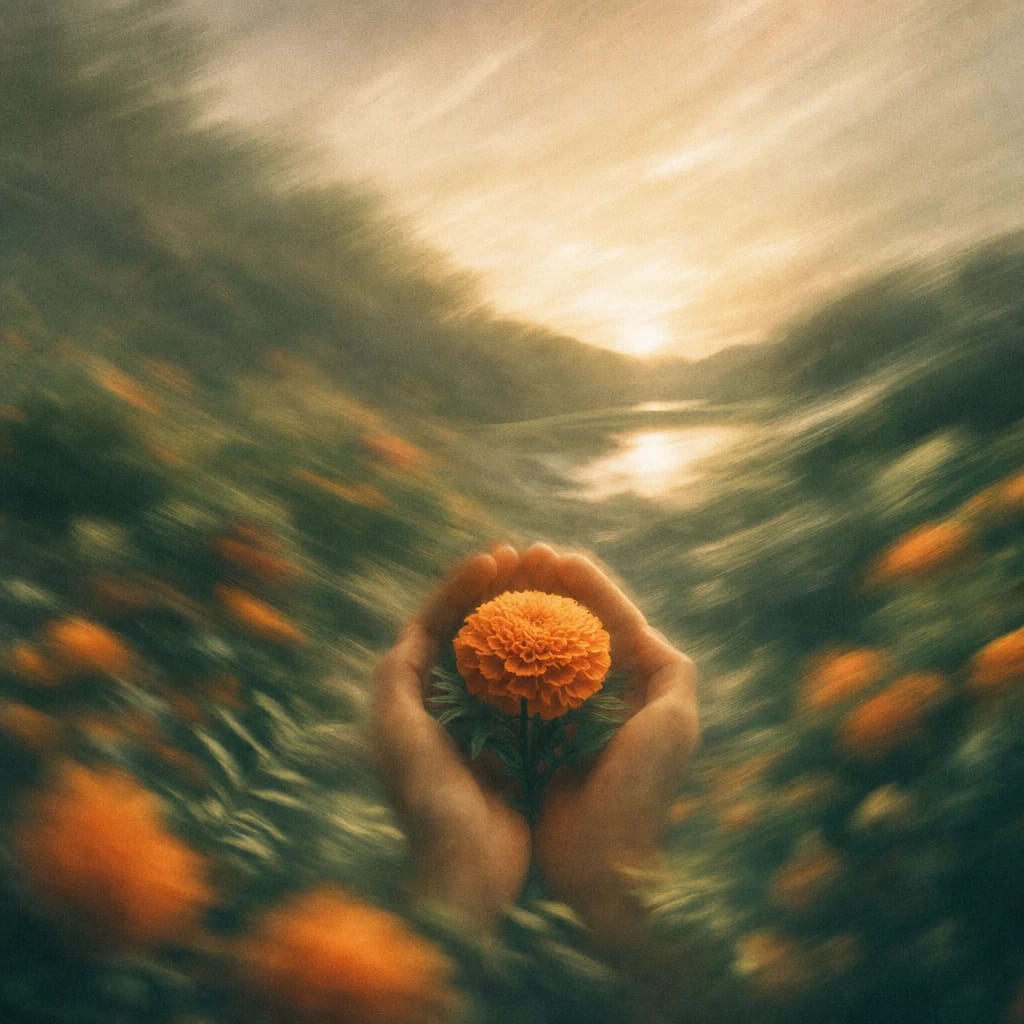 Stylized scene featuring hands gently cupping a blooming orange marigold amidst lush green foliage, rendered in deep forest green, off-white, and warm orange