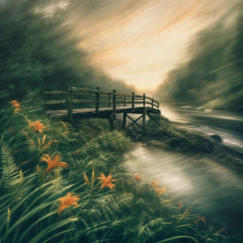 Stylized scene featuring a weathered wooden bridge spanning a forested riverbank at twilight, with wild orange daylilies and tangled ferns in the foreground, rendered in deep forest green, off-white, and warm orange