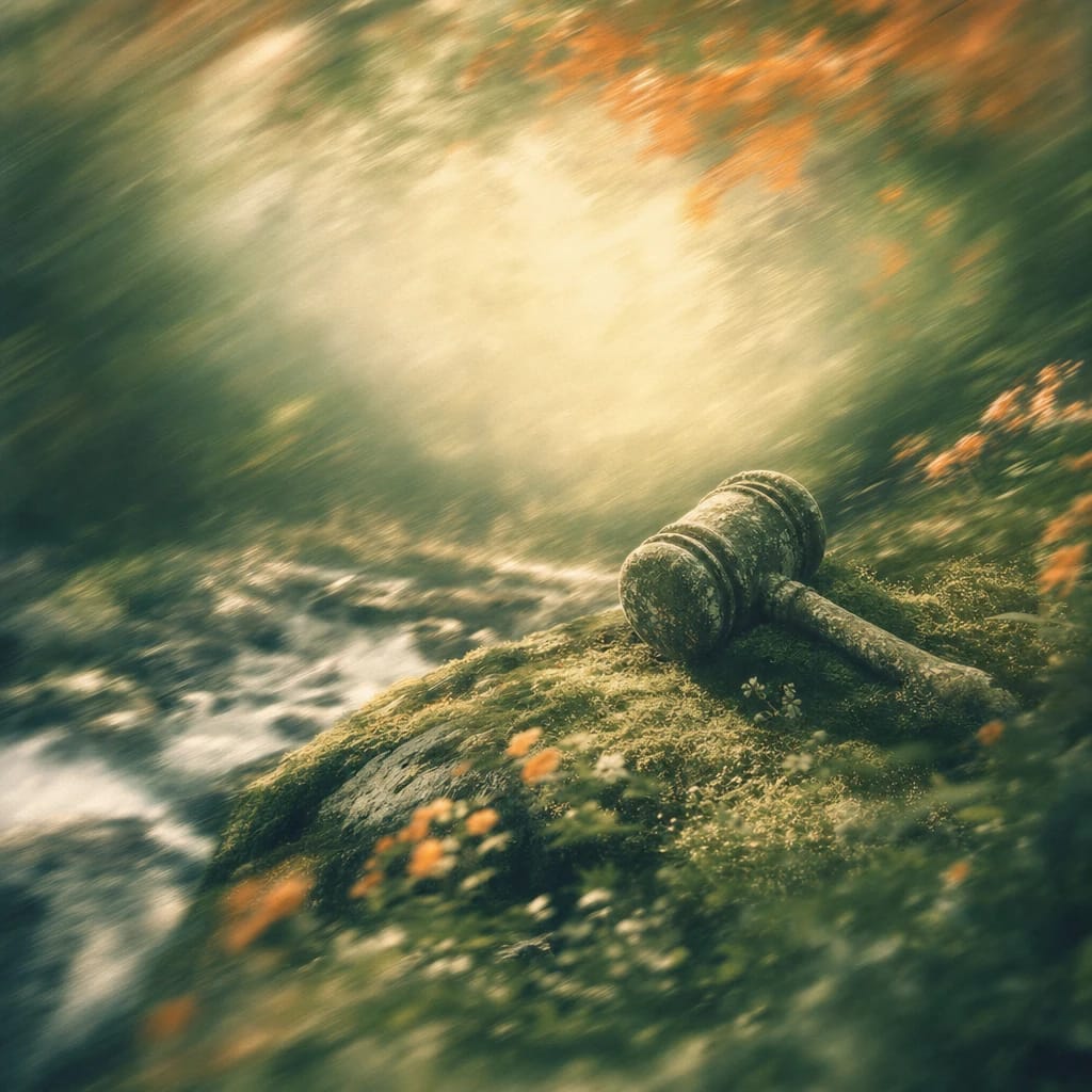 Stylized scene featuring a weathered stone gavel resting on mossy forest ground dappled with sunlight, rendered in deep forest green, off-white, and warm orange