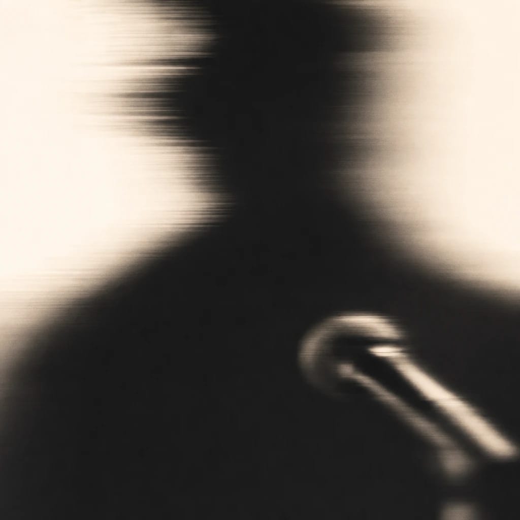 Stylized scene featuring confident presenter behind a sleek microphone, rendered in off-white, blue