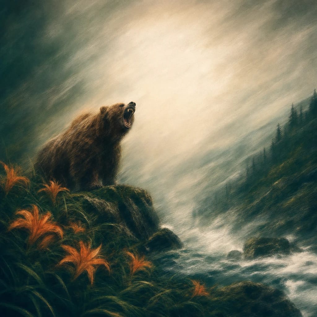 Stylized scene featuring a powerful brown bear roaring beside rugged, moss-covered rocks and wild orange lilies, rendered in deep forest green, off-white, and warm orange