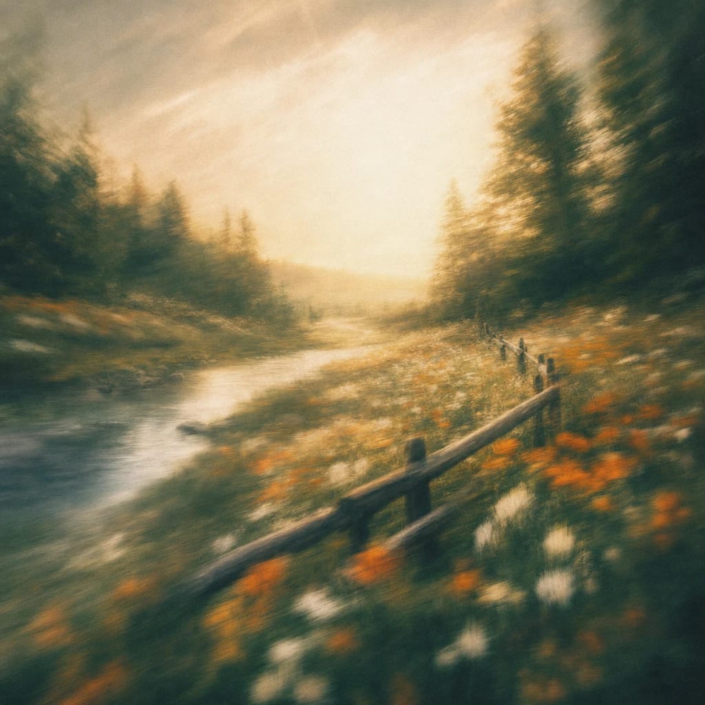 Stylized scene featuring a rustic wooden fence winding through wildflower meadows at the edge of a sun-dappled forest, rendered in deep forest green, off-white, and warm orange