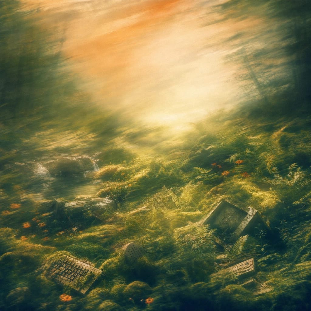 Stylized scene featuring moss-covered forest floor with scattered retro computer parts peeking among ferns and soft sunlight, rendered in deep forest green, off-white, and warm orange