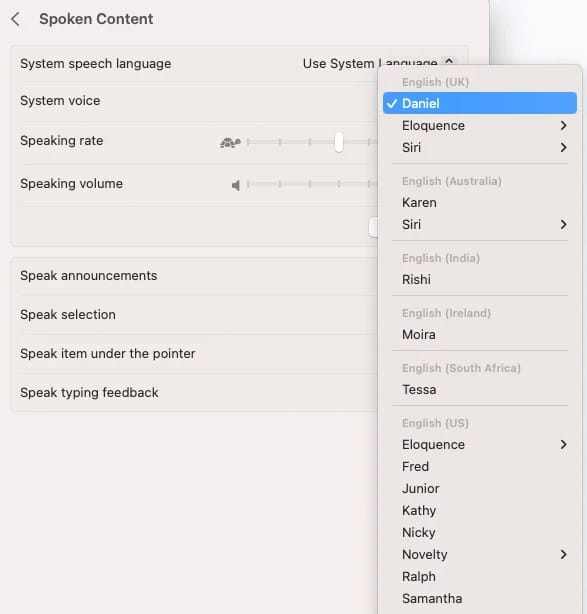 macOS Spoken Content voice menu open, with Daniel selected and English voices listed. How to do text to speech on mac guide