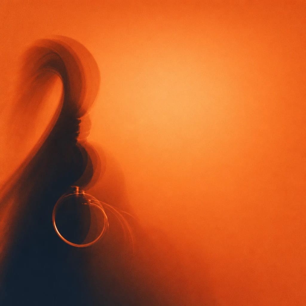 Stylized scene featuring silhouette of a high ponytail with oversized hoop earrings, rendered in burnt orange #C94A18
