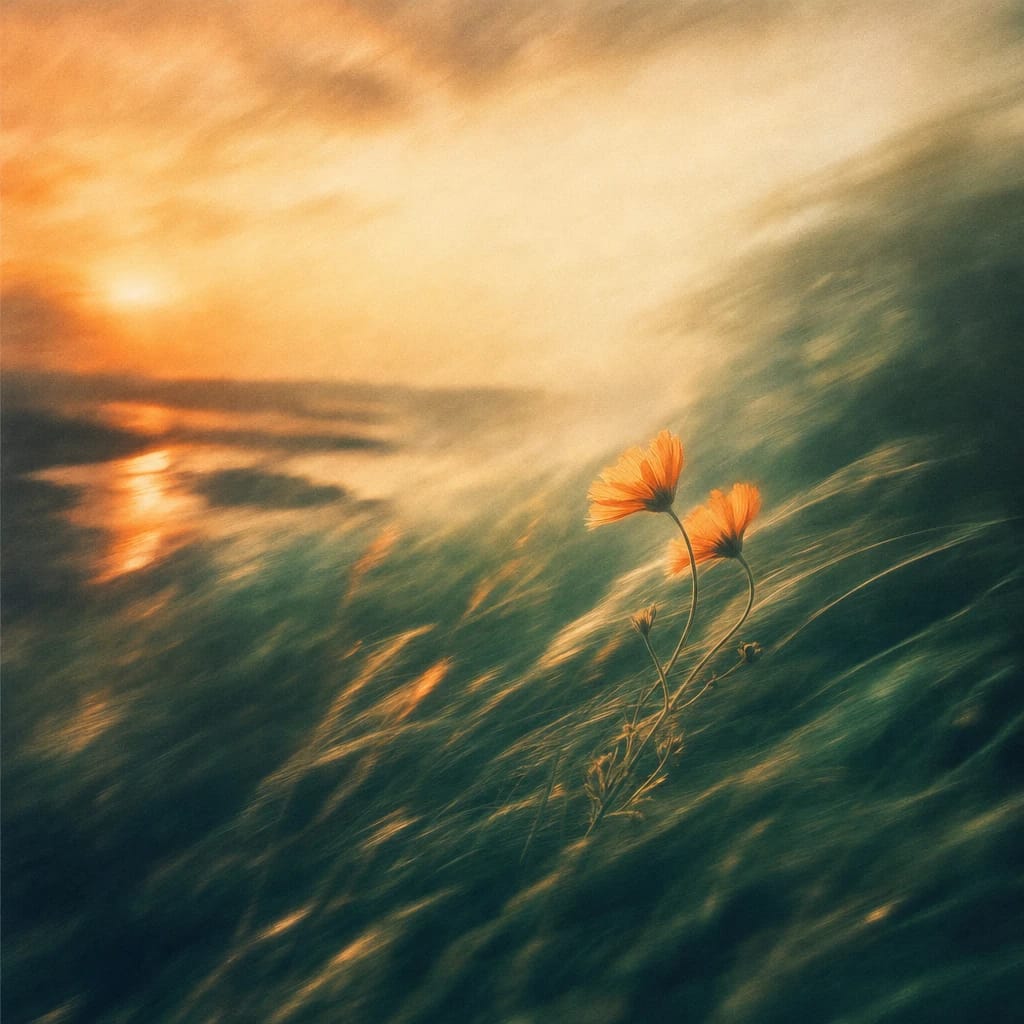 Stylized scene featuring a pair of intertwined wildflowers glowing in warm orange sunlight against lush green grasses, rendered in deep forest green, off-white, and warm orange
