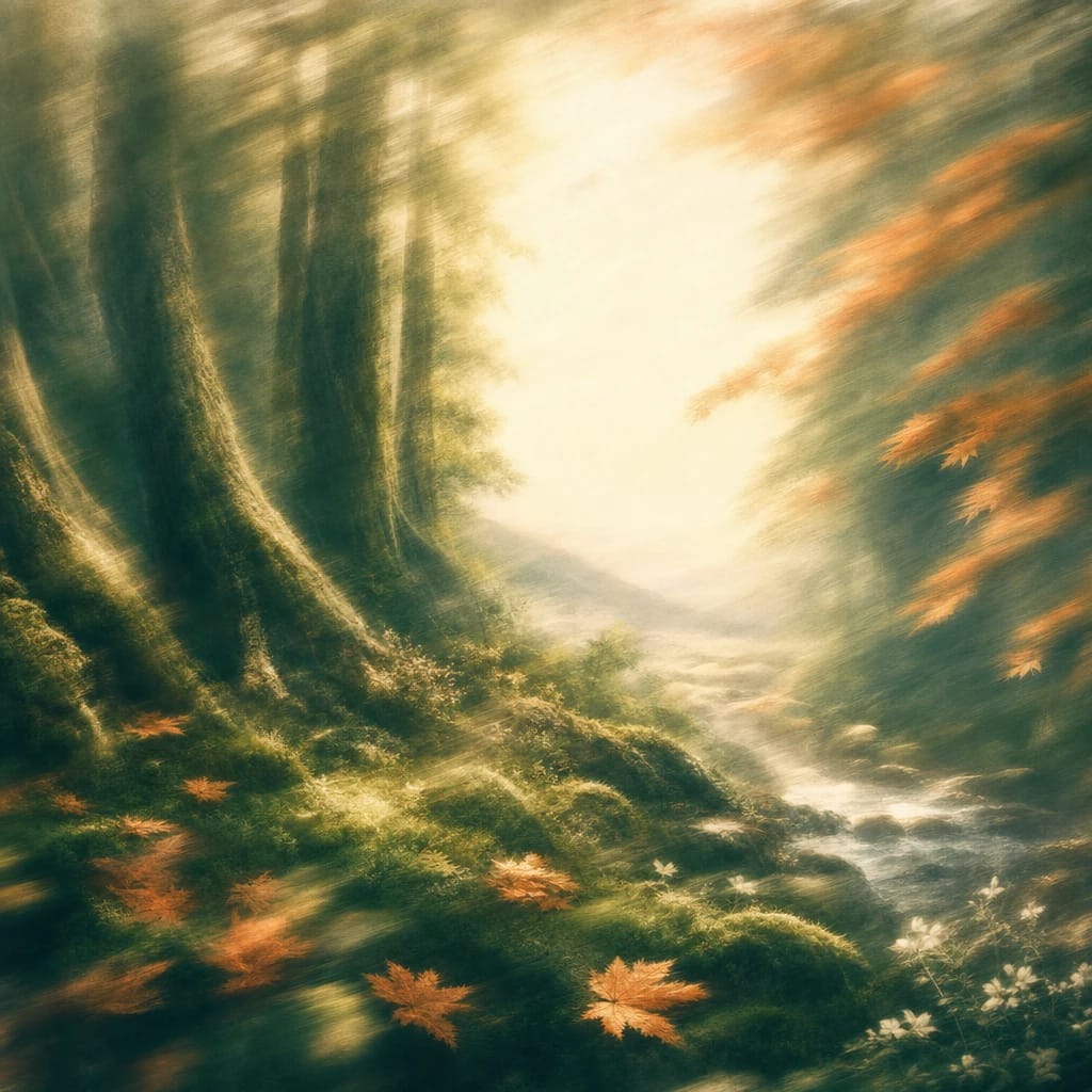 Stylized scene featuring a sun-dappled forest clearing with tall ancient trees and scattered maple leaves on soft moss, rendered in deep forest green, off-white, and warm orange