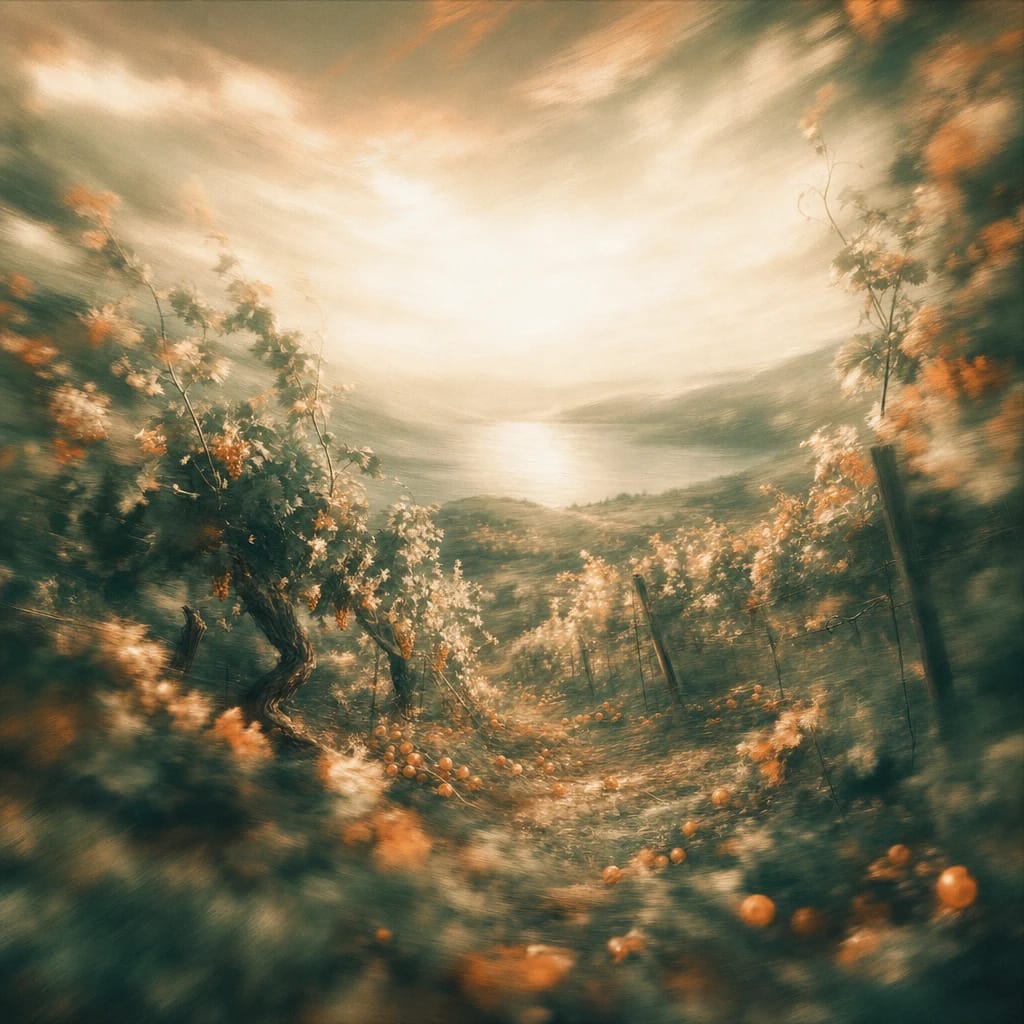 Stylized scene featuring a sunlit, overgrown vineyard with twisting grapevines and scattered fallen fruit, rendered in deep forest green, off-white, and warm orange