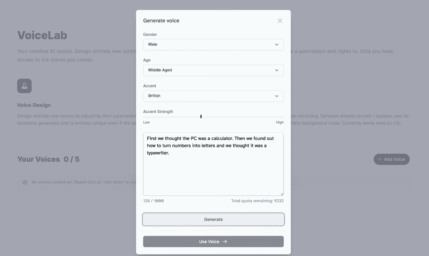 A screenshot of a voice generation interface with options for gender, age, accent, and strength, and a text box containing a sample sentence.