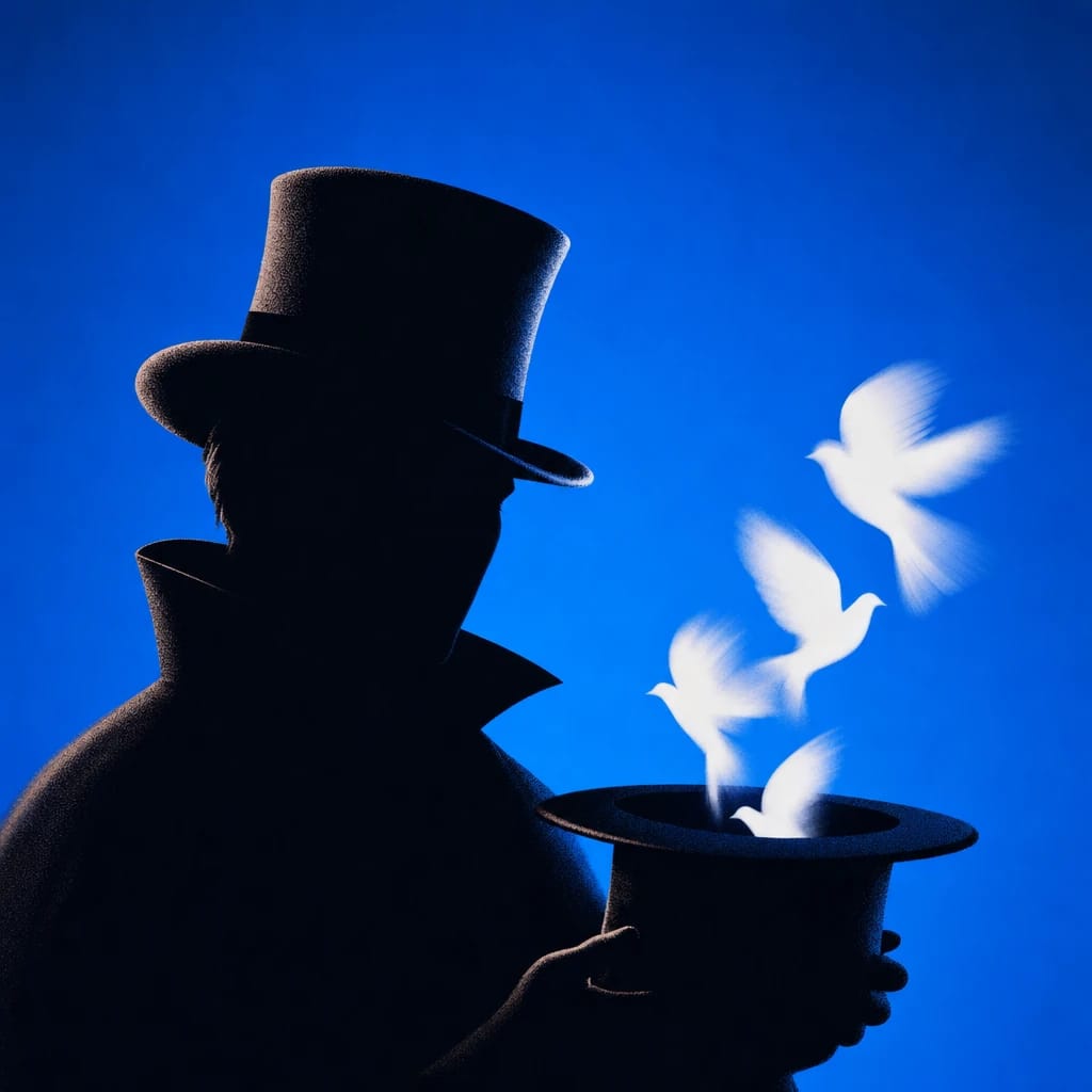 Stylized scene featuring a magician holding a top hat with doves flying out, rendered in #004CB6