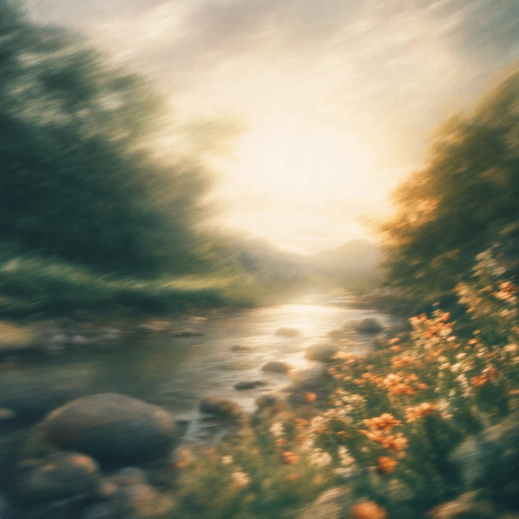 Stylized scene featuring sun-dappled riverbank with smooth stones and gentle flowing water, rendered in deep forest green, off-white, and warm orange