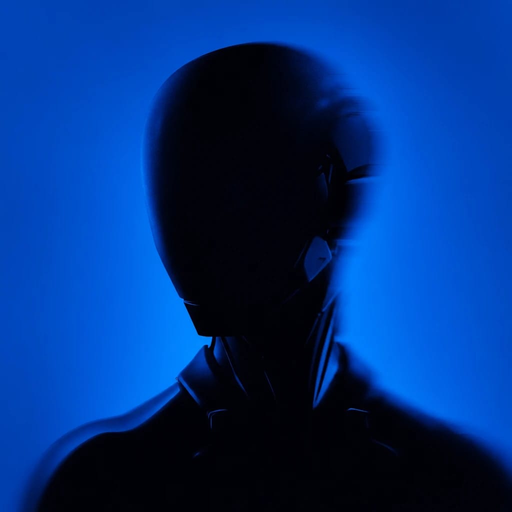 Stylized scene featuring futuristic humanoid robot bust, rendered in #004CB6