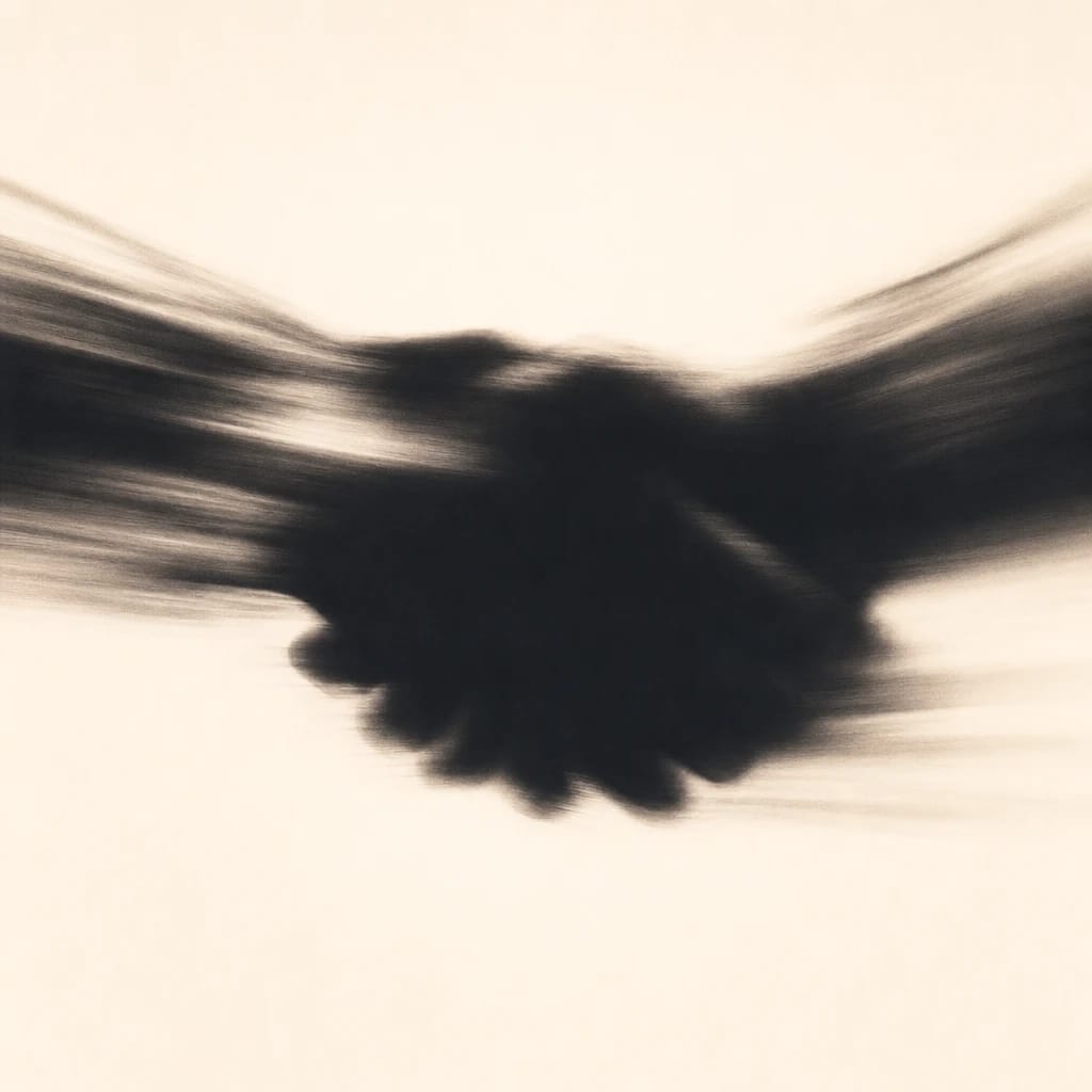 Stylized scene featuring confident handshake close-up, rendered in blue, off-white