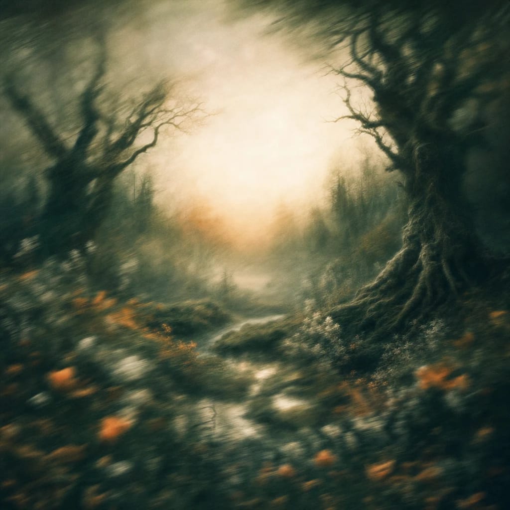 Stylized scene featuring spooky gnarled trees with twisting roots and an eerie, mist-shrouded forest clearing, rendered in deep forest green, off-white, and warm orange