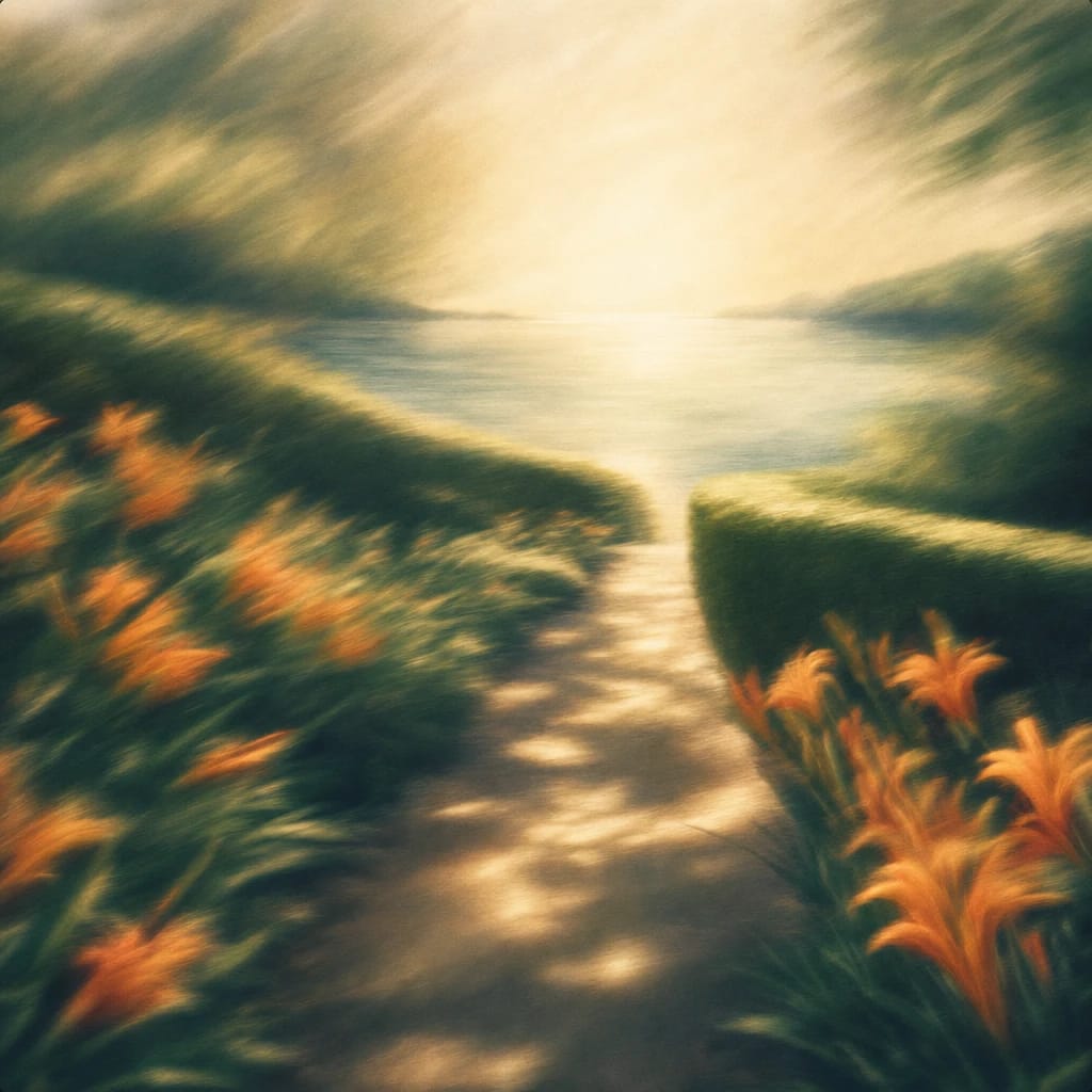 Stylized scene featuring sun-dappled garden path lined with elegant manicured hedges and blooming orange lilies, rendered in deep forest green, off-white, and warm orange