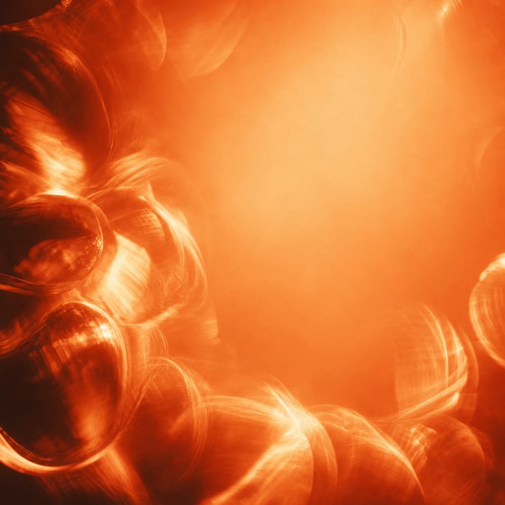 Stylized scene featuring close-up of light refracting through clustered, iridescent bubbles, rendered in burnt orange #C94A18