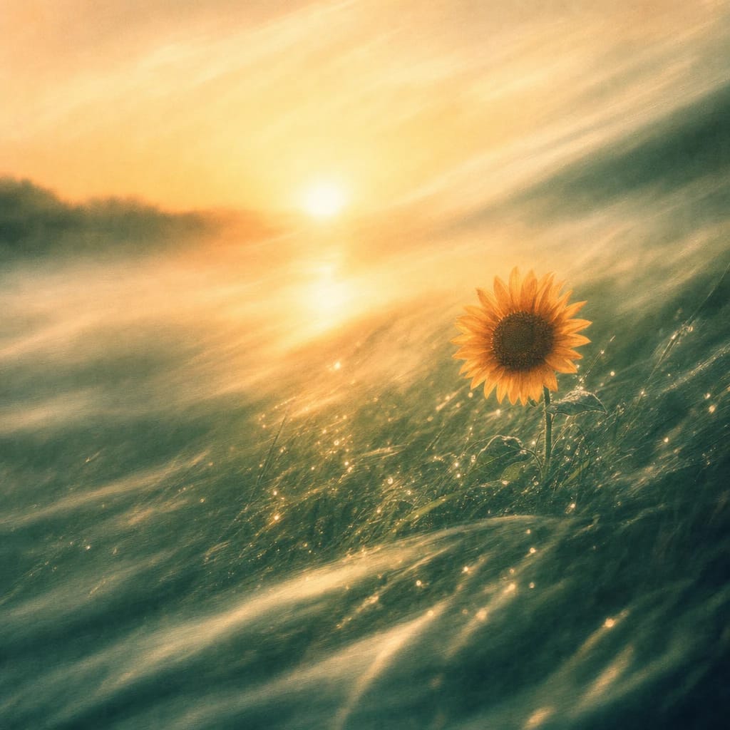 Stylized scene featuring sunlight glinting on dew-covered grass at dawn with a single vivid sunflower facing the viewer, rendered in deep forest green, off-white, and warm orange