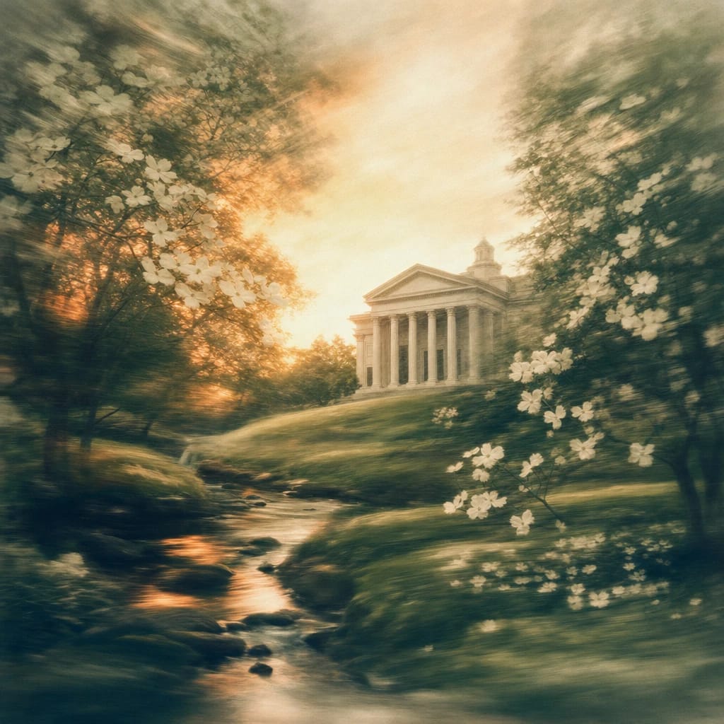 Stylized scene featuring a stately courthouse framed by flowering dogwood trees and a carpet of mossy green, sunlight filtering through the branches, rendered in deep forest green, off-white, and warm orange