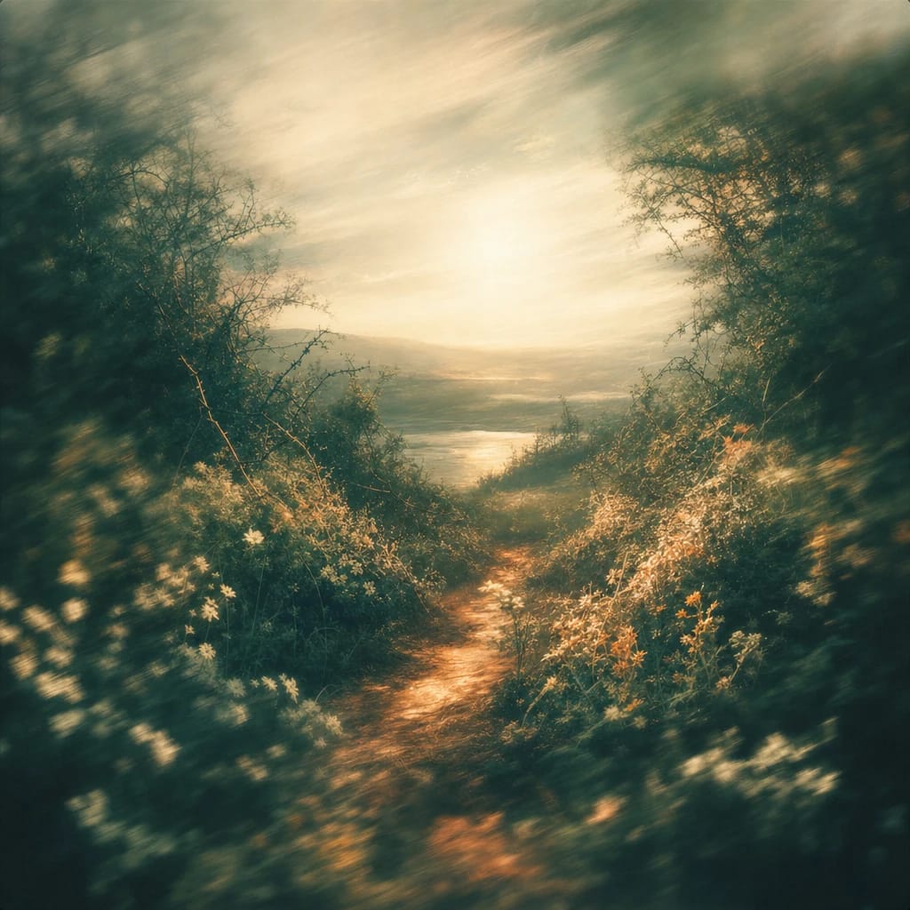 Stylized scene featuring a winding woodland path partially hidden by thick, tangled undergrowth and thorny bushes, dappled in filtered light, rendered in deep forest green, off-white, and warm orange
