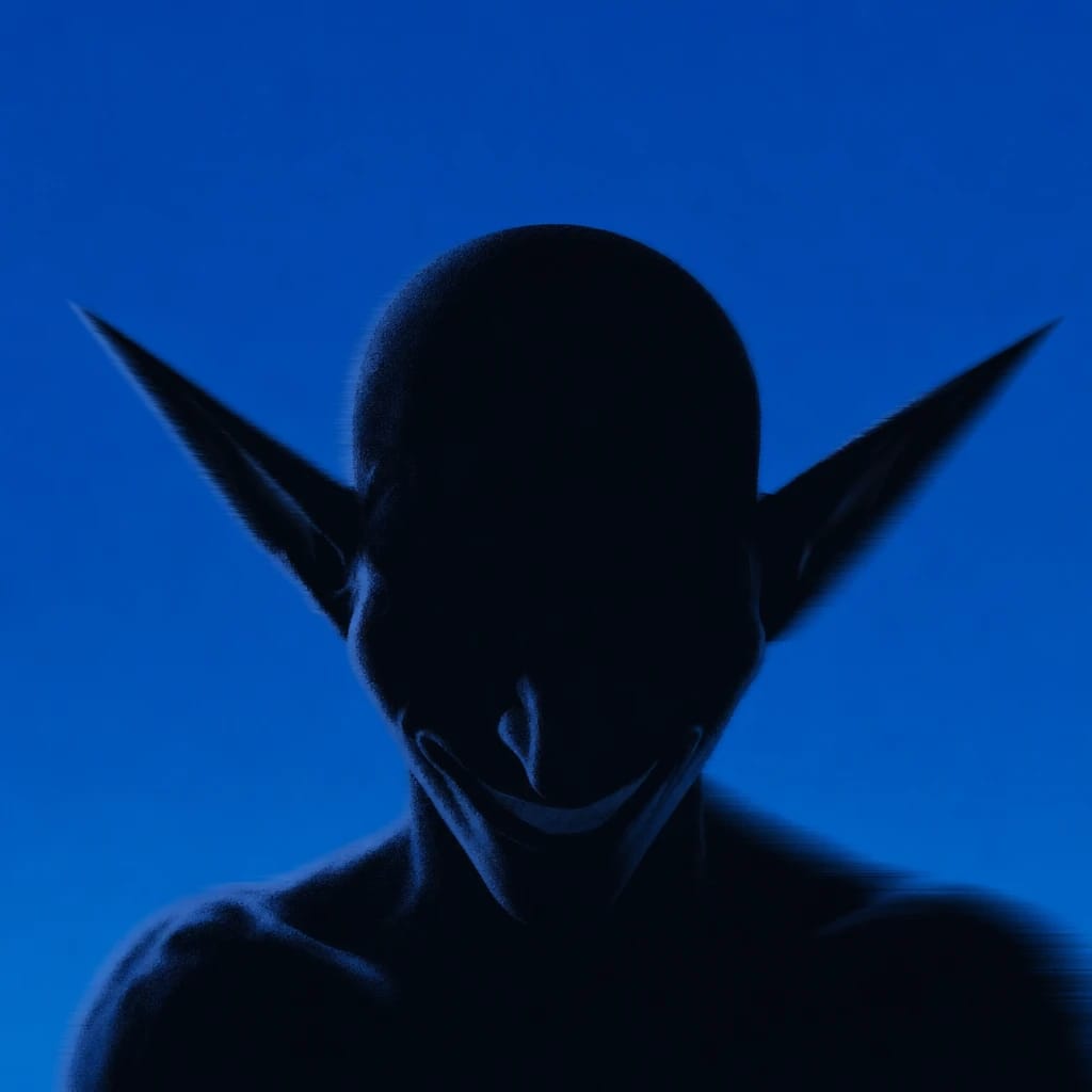 Stylized scene featuring goblin with wide grin and pointed ears, rendered in #004CB6