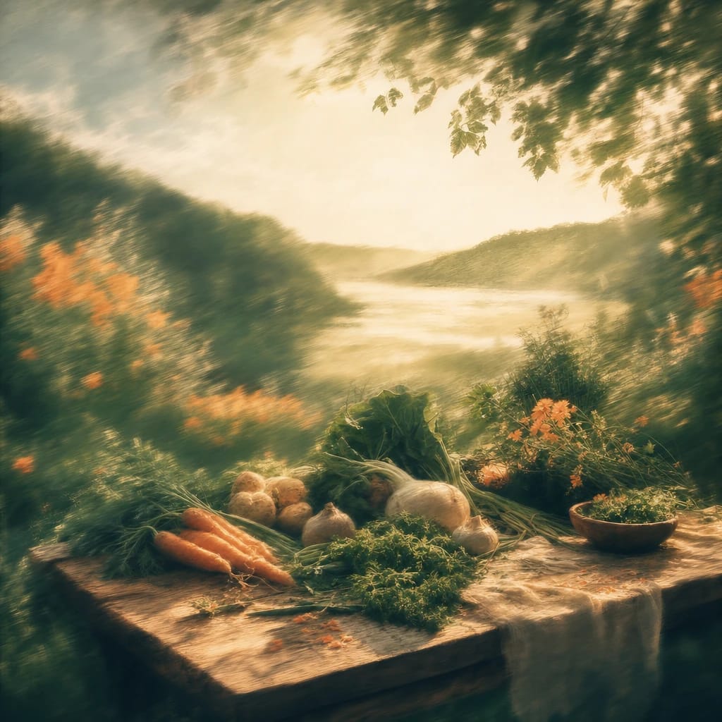 Stylized scene featuring a rustic wooden table set outdoors, covered with garden-fresh vegetables and herbs, under dappled sunlight filtering through leafy branches, rendered in deep forest green, off-white, and warm orange
