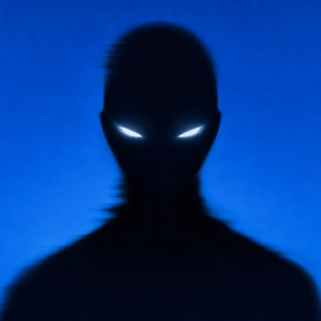 Stylized scene featuring shadowy figure with glowing eyes, rendered in #004CB6