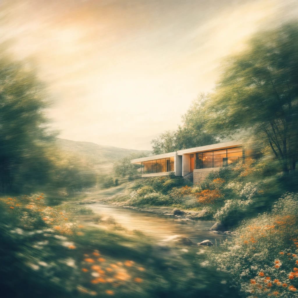 Stylized scene featuring a sunlit modern clinic nestled amidst lush green trees and blooming wildflowers, rendered in deep forest green, off-white, and warm orange
