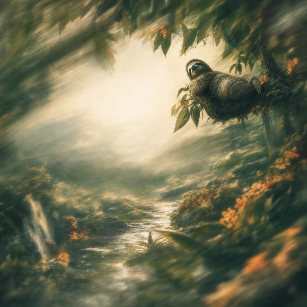 Stylized scene featuring a sloth lounging on thick leafy branches above sun-dappled forest floor, rendered in deep forest green, off-white, and warm orange