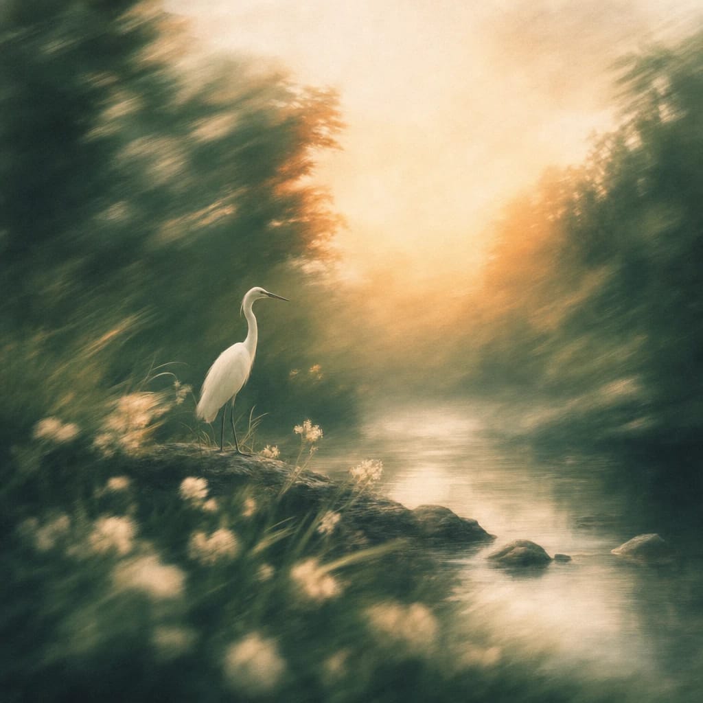 Stylized scene featuring a graceful white heron standing by a serene forest pond with lush foliage and warm sunlight filtering through the trees, rendered in deep forest green, off-white, and warm orange