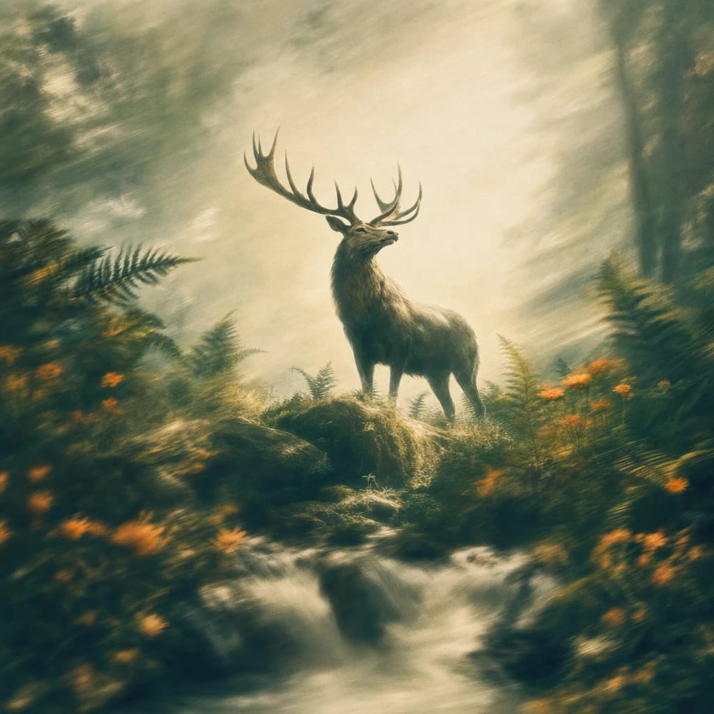 Stylized scene featuring a commanding matriarchal stag standing atop a sun-dappled forest mound, towering ferns and orange wildflowers radiating around her, rendered in deep forest green, off-white, and warm orange