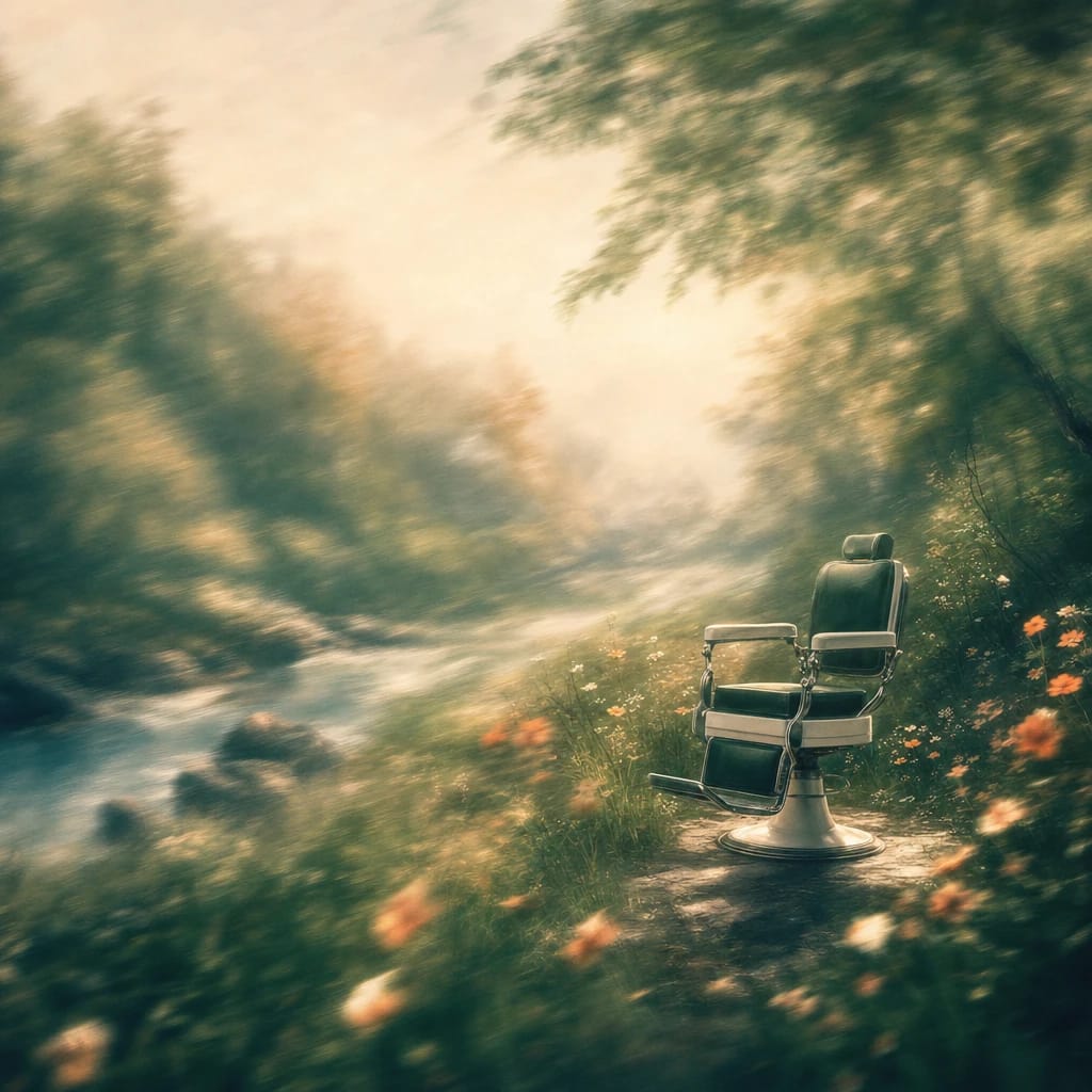 Stylized scene featuring a classic barber chair set outdoors under dappled shade, surrounded by lush green foliage and scattered wildflowers, rendered in deep forest green, off-white, and warm orange