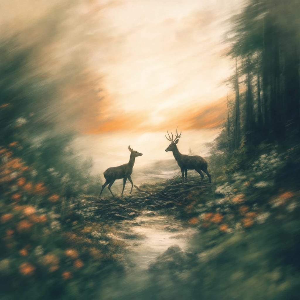 Stylized scene featuring two deer meeting at the edge of a dense forest clearing, paused mid-step with tangled branches underfoot, rendered in deep forest green, off-white, and warm orange