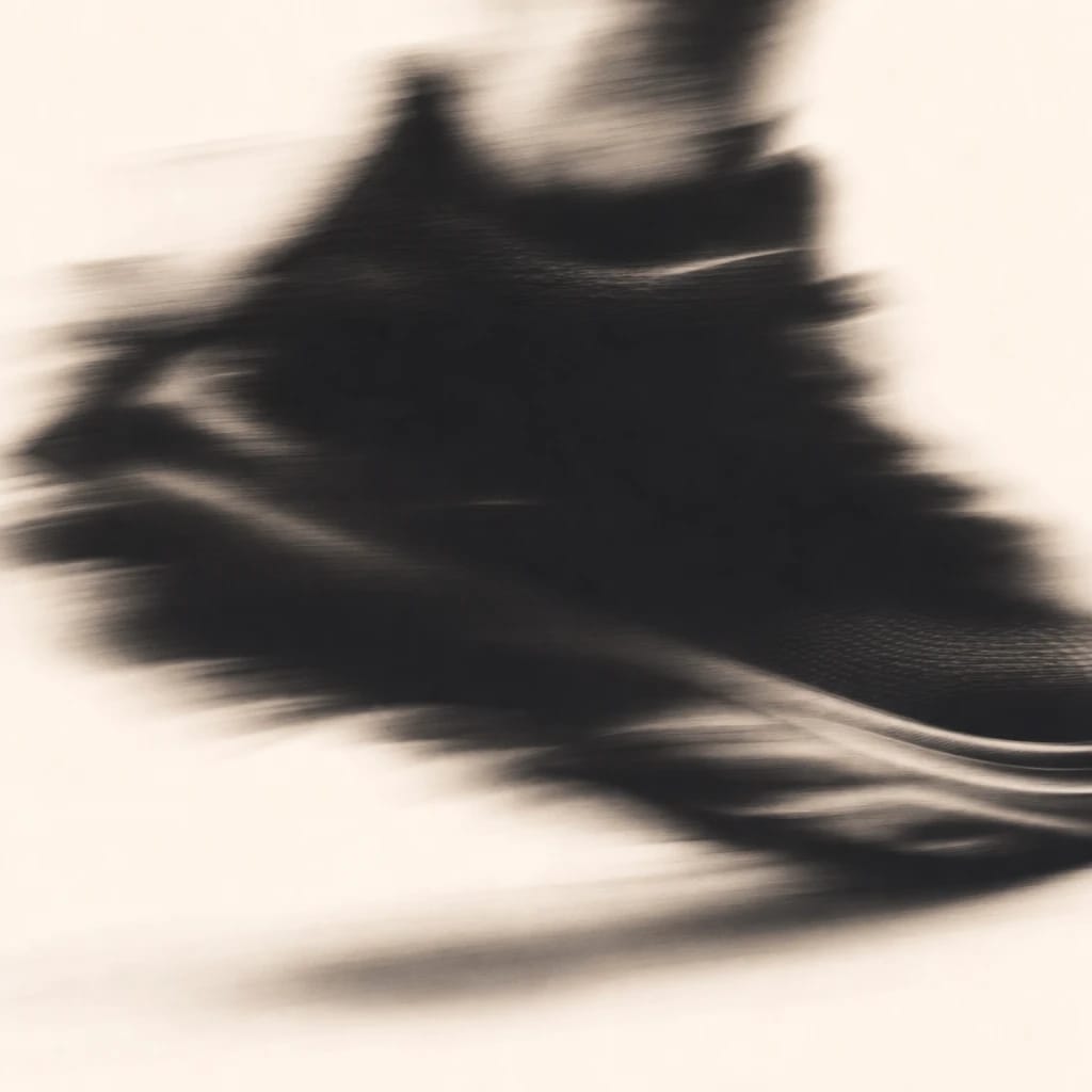 Stylized scene featuring dynamic running sneakers in motion, rendered in orange, off-white