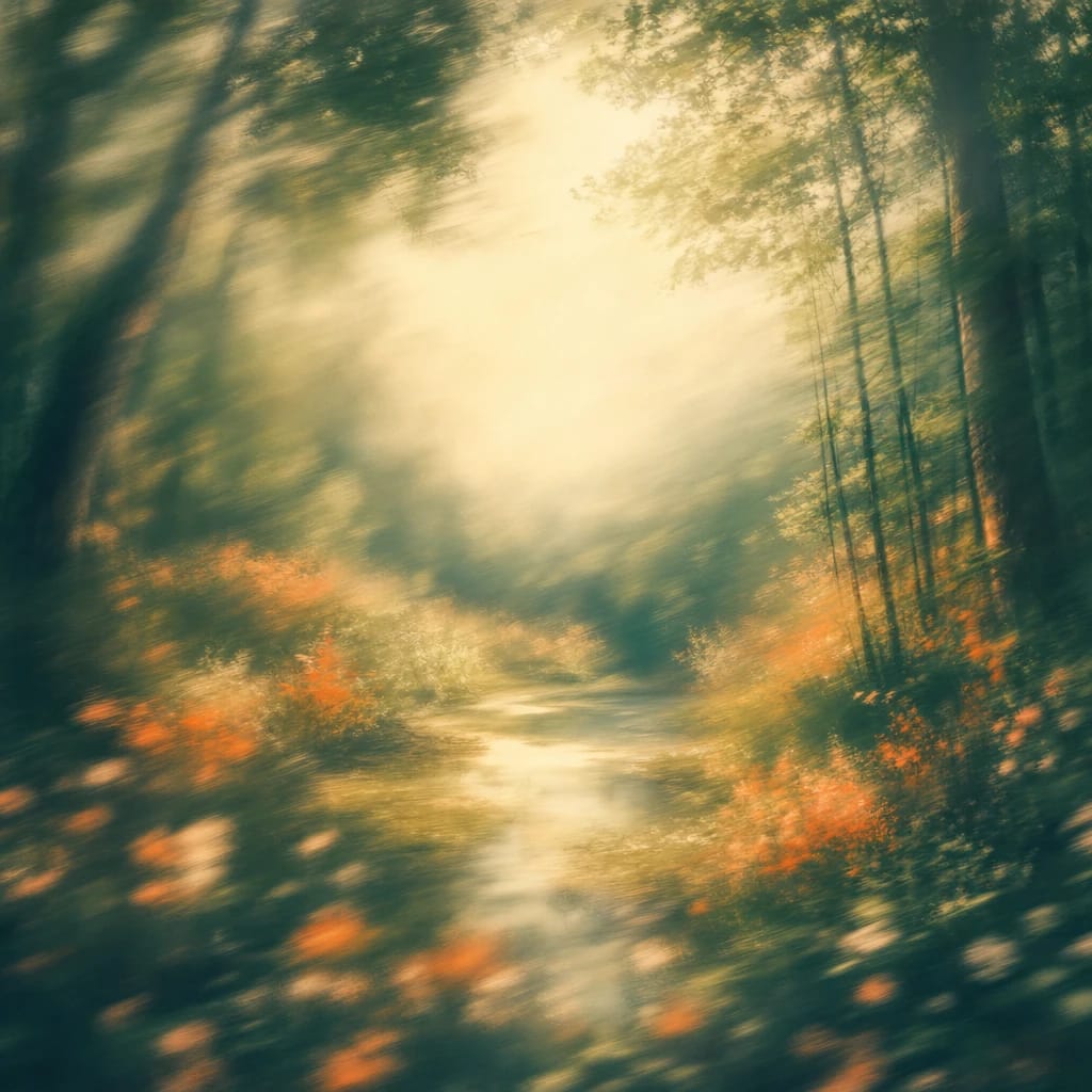 Stylized scene featuring a serene forest clearing with tall trees and dappled sunlight filtering through lush foliage, rendered in deep forest green, off-white, and warm orange