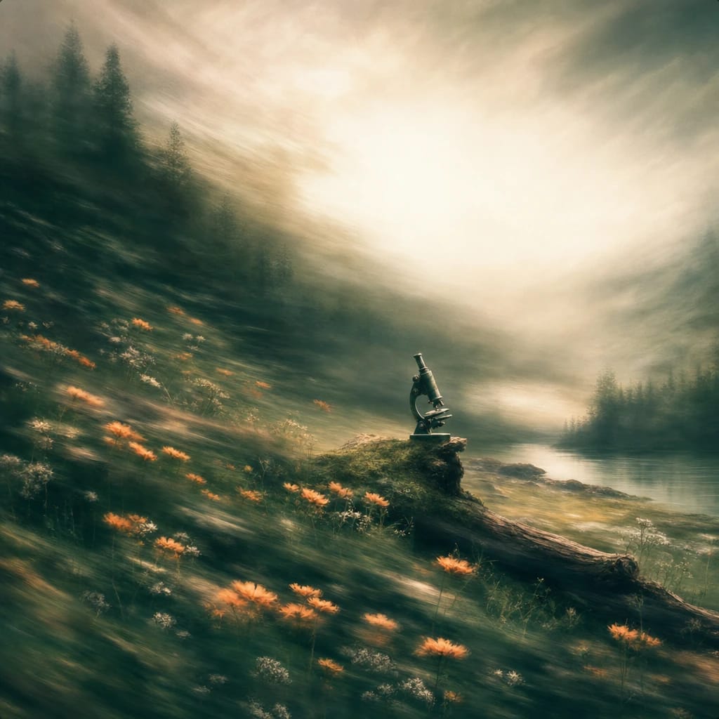 Stylized scene featuring misty forest edge with scattered wildflowers and a lone microscope on a mossy log, rendered in deep forest green, off-white, and warm orange
