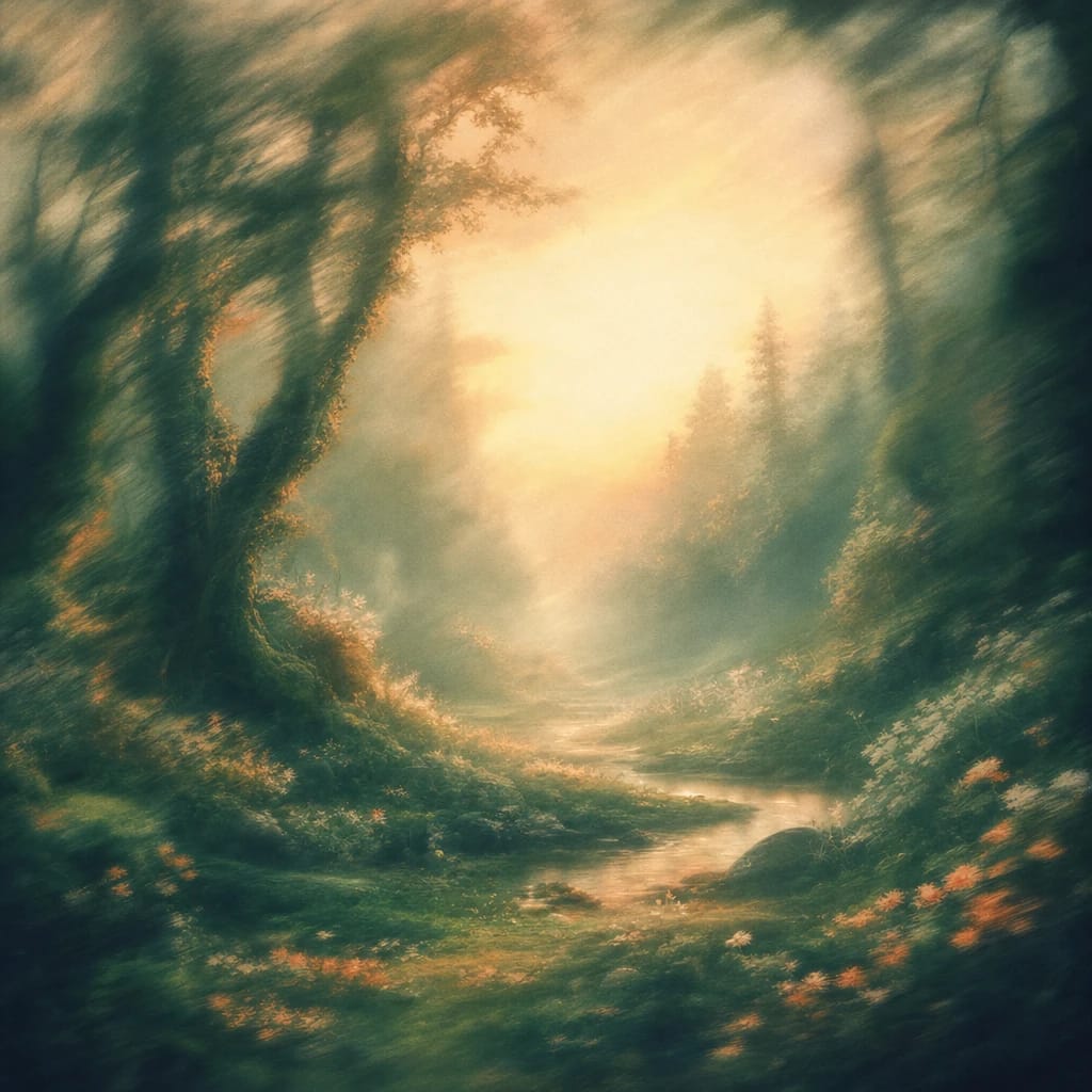 Stylized scene featuring dawn light streaming through ancient moss-covered trees in a tranquil forest glade, rendered in deep forest green, off-white, and warm orange