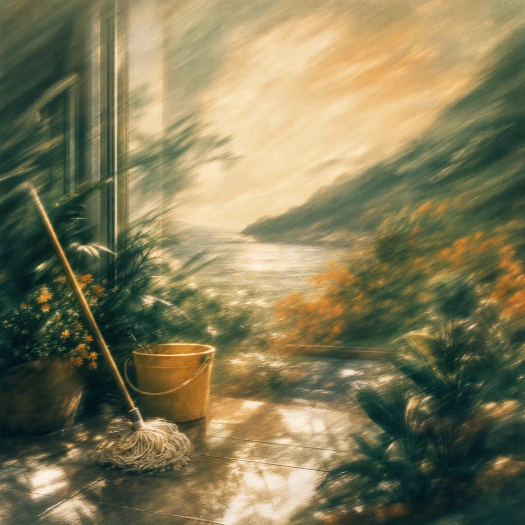 Stylized scene featuring a sunlit mop and yellow bucket resting beside leafy indoor plants near a window, with dappled sunlight on tiled floor, rendered in deep forest green, off-white, and warm orange