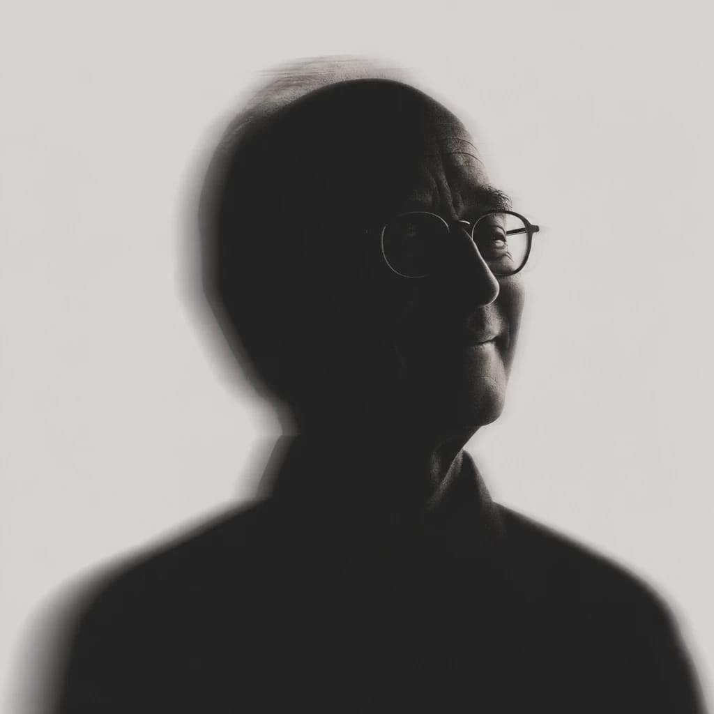 Stylized scene featuring elderly man with gentle smile and glasses, rendered in #D7D5D5