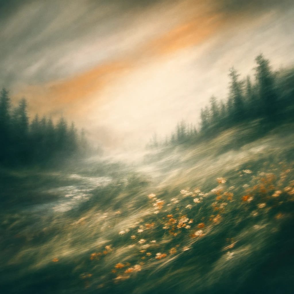 Stylized scene featuring wind-bent grass at the edge of a misty forest clearing under a softly overcast sky, rendered in deep forest green, off-white, and warm orange