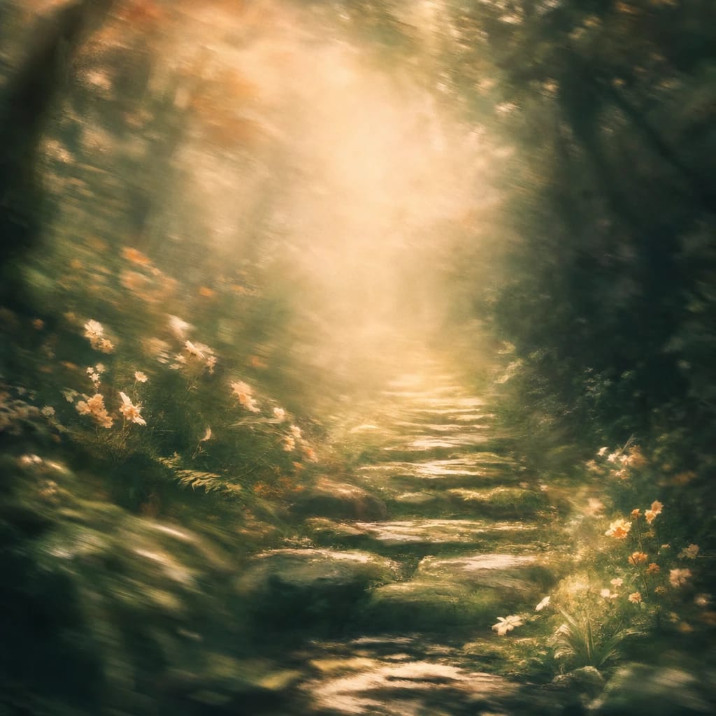 Stylized scene featuring a mossy stone path winding through shadowy woodland undergrowth, dappled with shafts of warm light, rendered in deep forest green, off-white, and warm orange