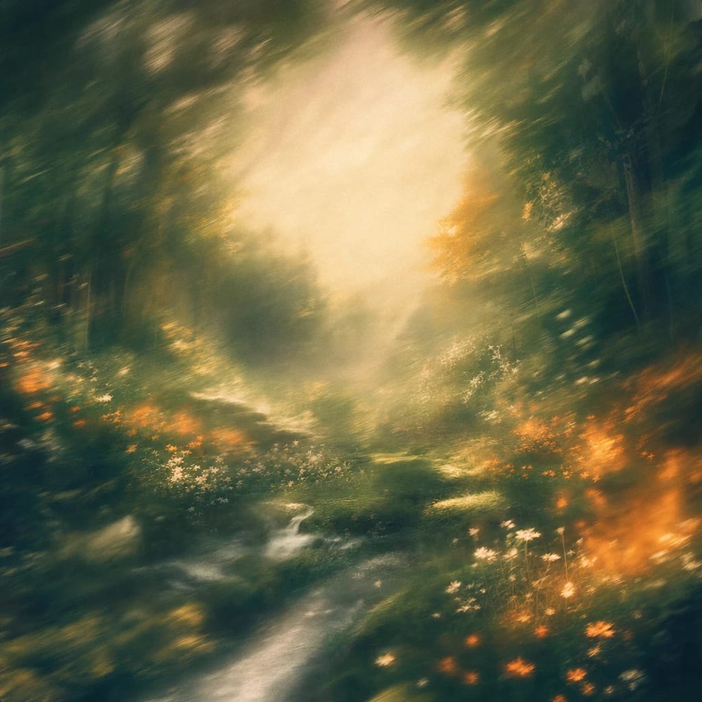 Stylized scene featuring an ancient forest glade bathed in dappled sunlight with soft, glowing woodland flowers and curling mist, rendered in deep forest green, off-white, and warm orange