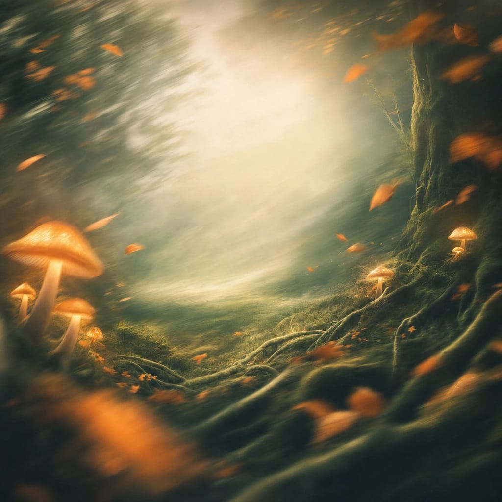 Stylized scene featuring a mossy forest clearing with twisting roots and oversized, glowing mushrooms amid drifting orange leaves, rendered in deep forest green, off-white, and warm orange