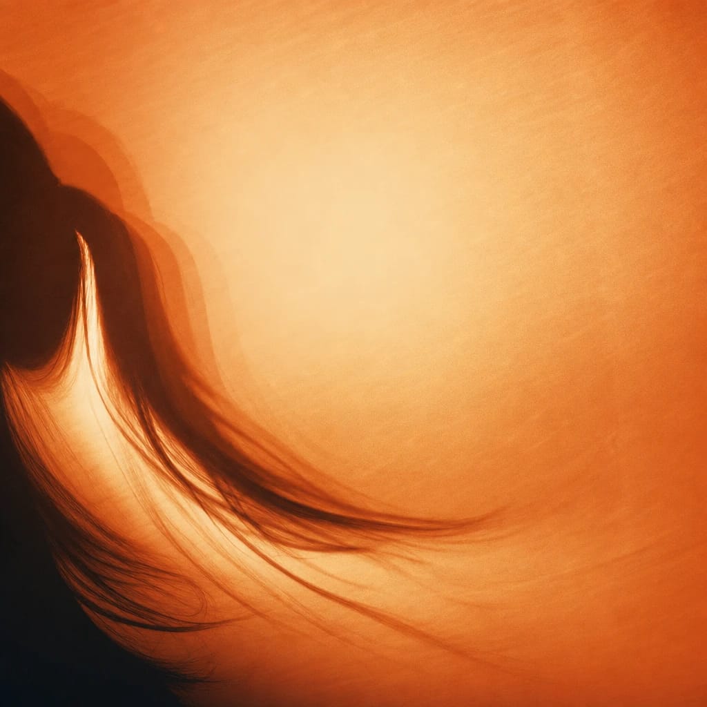 Stylized scene featuring the gentle curve of a ponytail, softly lit against a sunlit window, rendered in burnt orange #C94A18