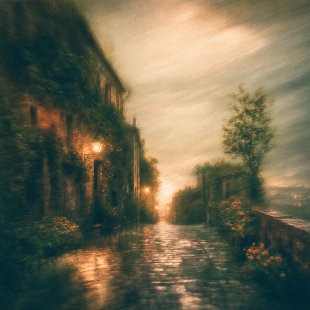 Stylized scene featuring an old city street at dusk with rain-soaked cobblestones, ivy creeping along brick buildings, and the soft glow of lamplight reflected in puddles, rendered in deep forest green, off-white, and warm orange