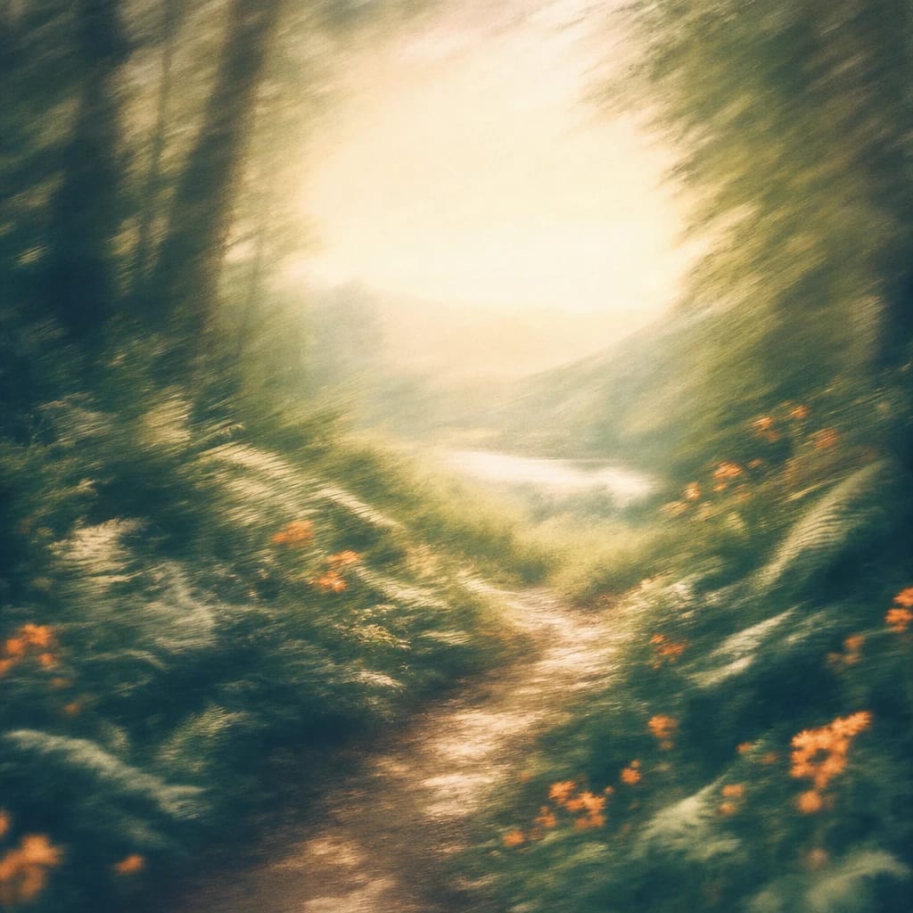 Stylized scene featuring a meandering forest pathway dappled with sunlight, bordered by lazily swaying ferns and scattered wildflowers, rendered in deep forest green, off-white, and warm orange
